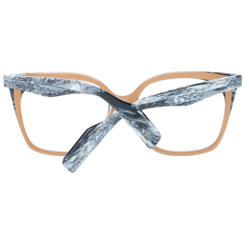 Yohji Yamamoto brown plastic glasses frames with black and white patterned temples folded over the front