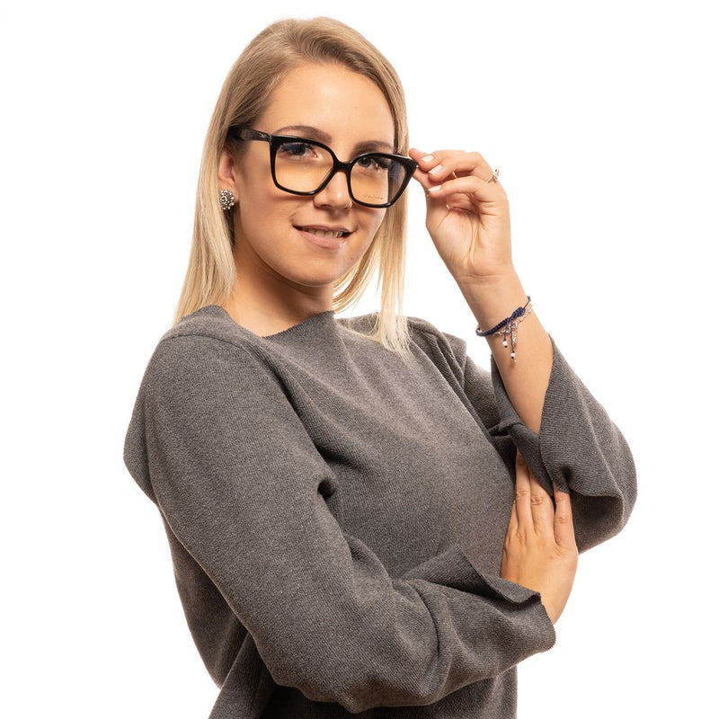 Yohji Yamamoto bold black plastic square eyeglass frames worn by a blonde woman