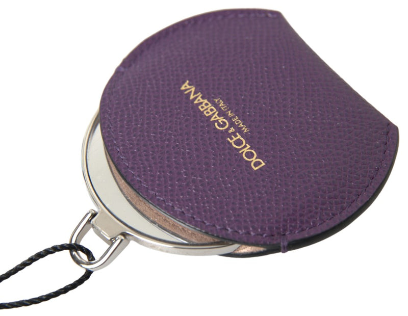 Purple calfskin leather round hand mirror holder with gold logo