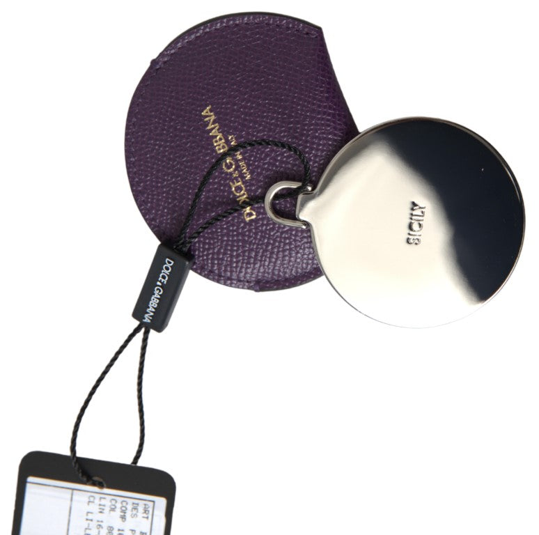 Purple textured leather round hand mirror holder with a silver metal mirror attached