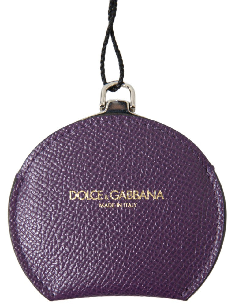 Purple calfskin leather round hand mirror holder with a hanging cord