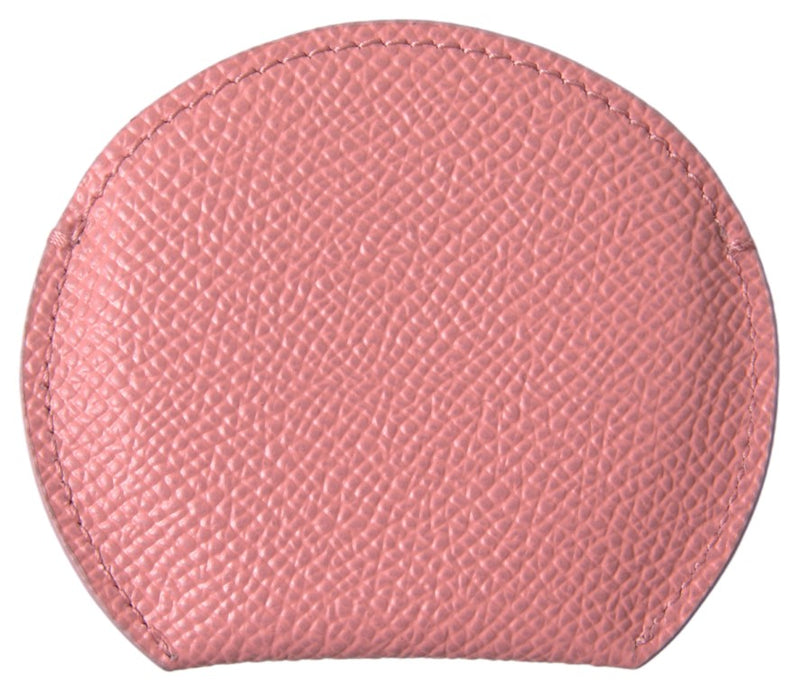Pink textured calfskin leather round mirror holder with stitching