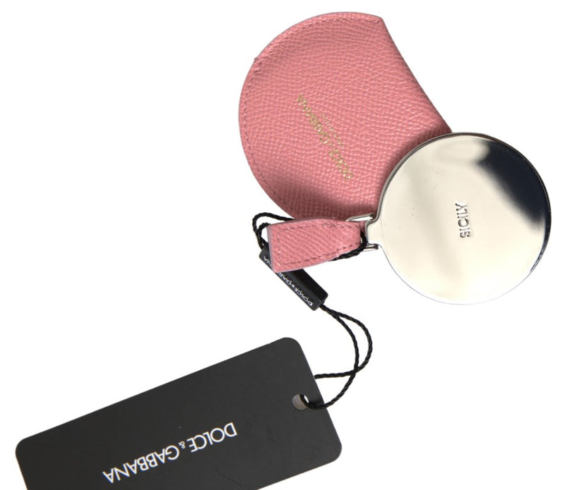 Pink calfskin leather round mirror holder with silver mirror and brand tag attached
