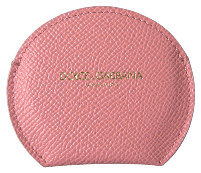Pink textured calfskin leather round mirror holder with gold Dolce & Gabbana logo