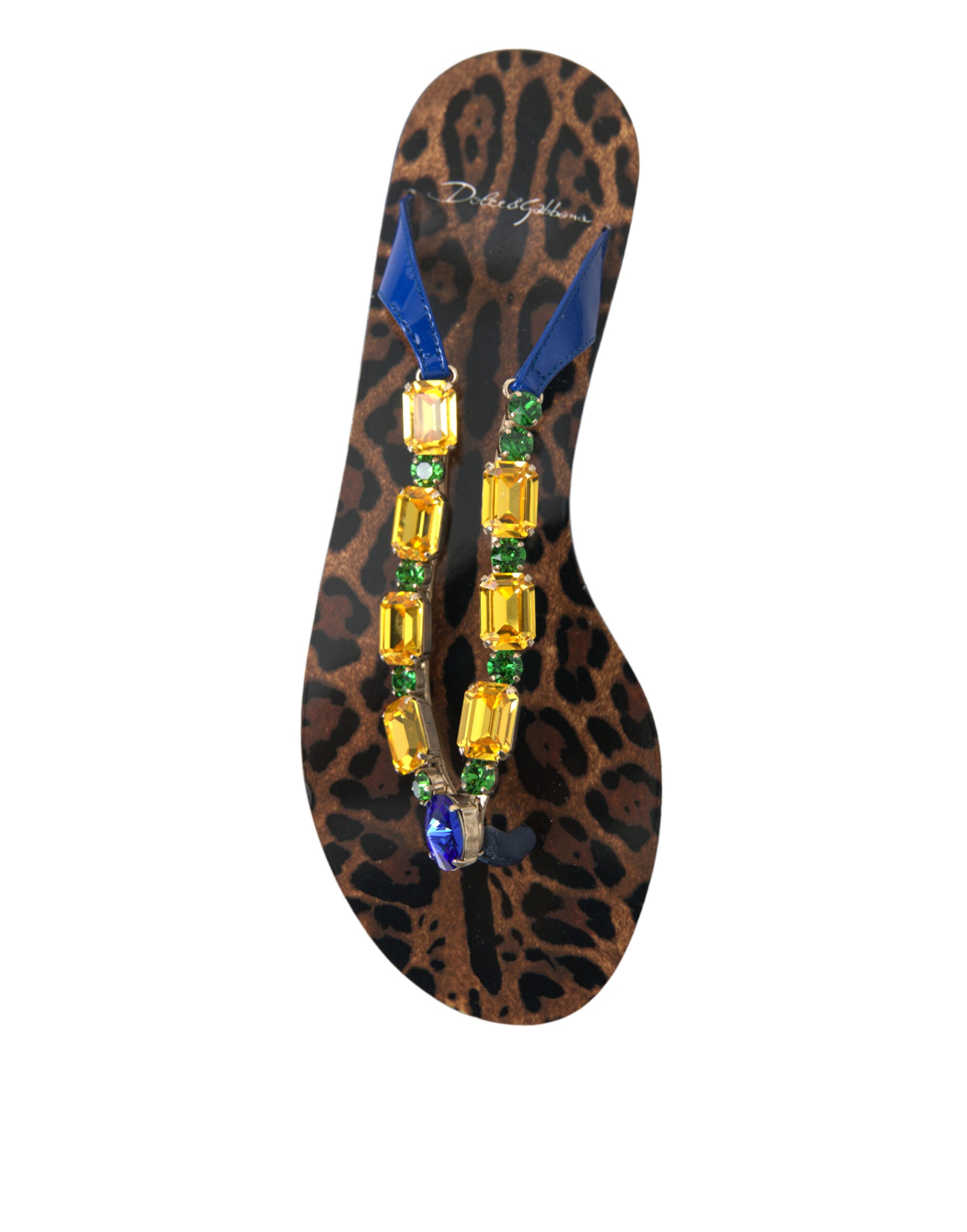 Dolce & Gabbana leopard print thong sandals with blue straps, yellow rectangular crystals, and green accents.