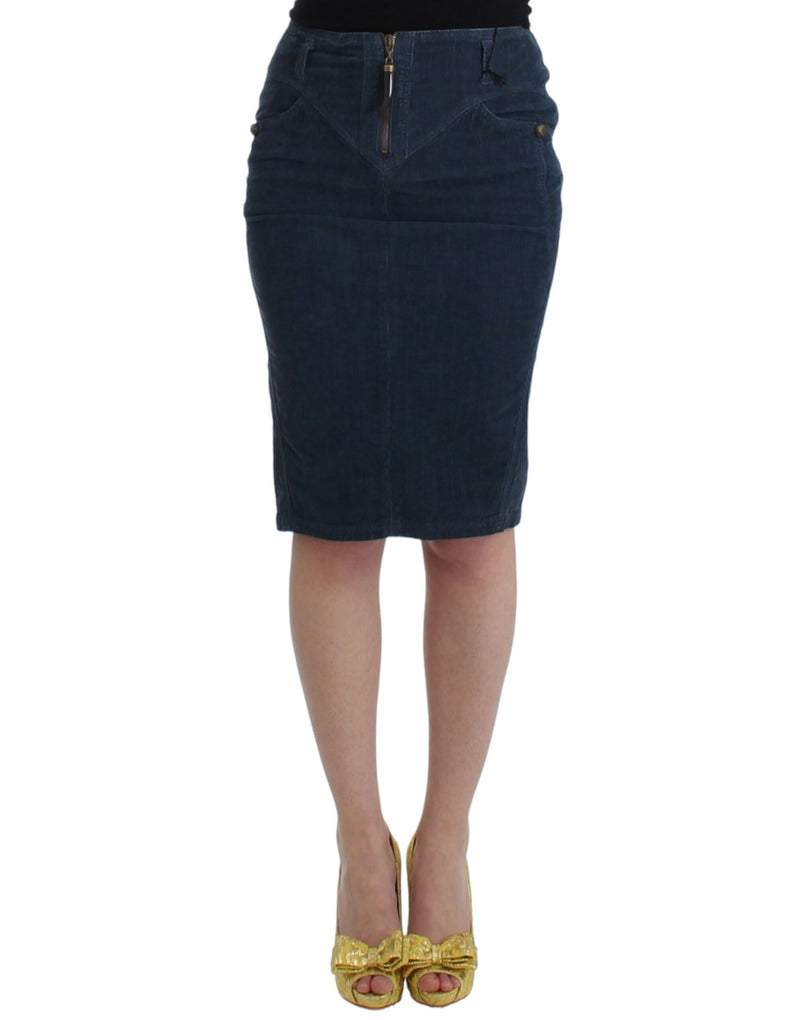 Blue corduroy pencil skirt with a front zipper and gold-colored heels