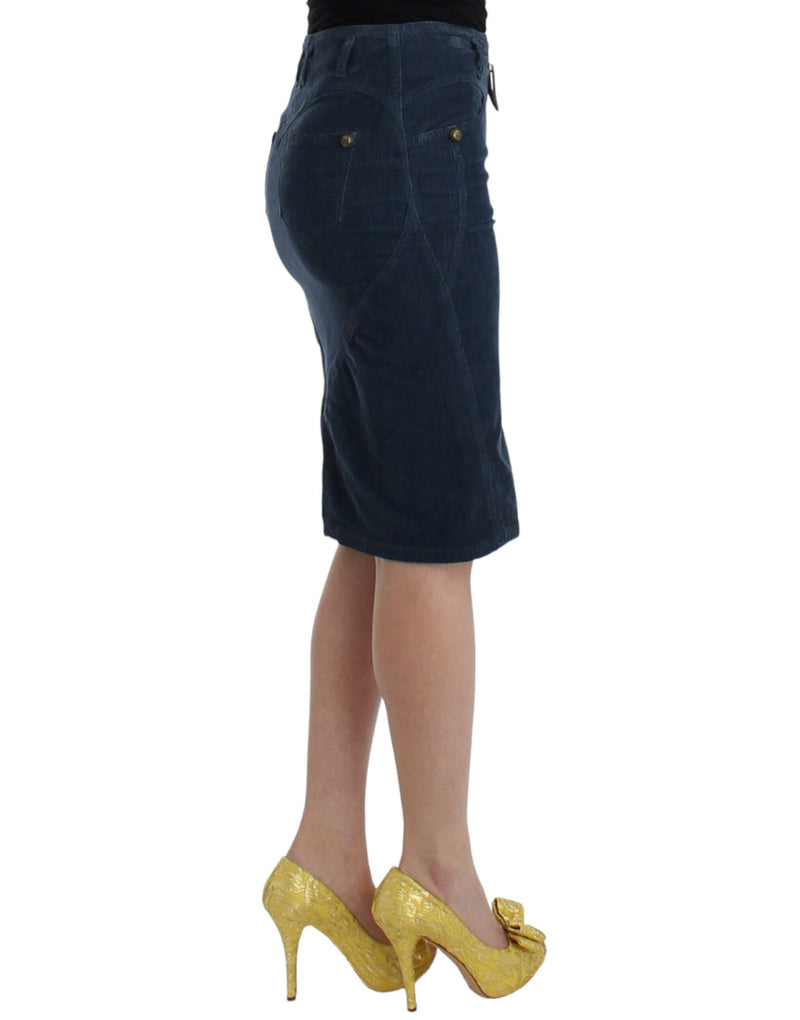 Blue corduroy pencil skirt with a tailored silhouette, button pockets, and knee-length hem
