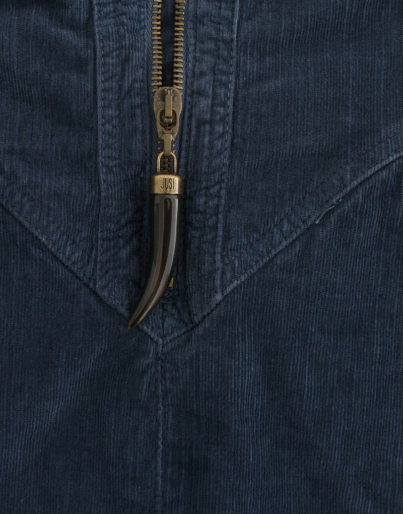 Dark blue corduroy pencil skirt with front zipper and horn puller