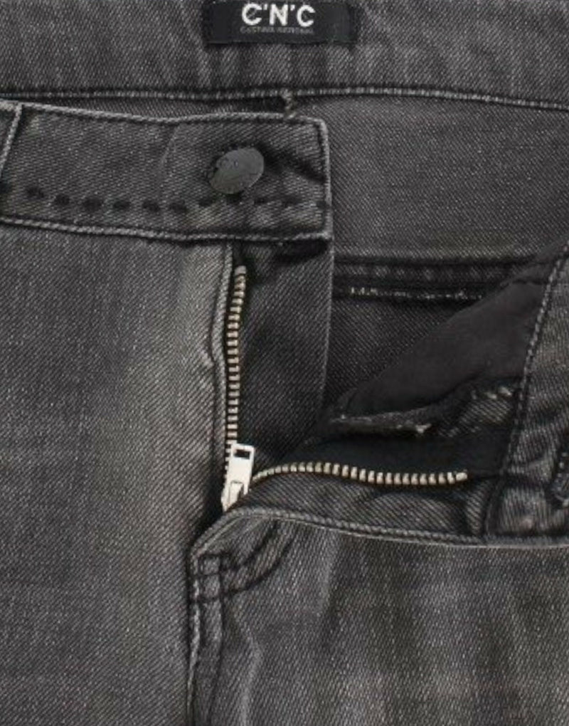 Gray denim jeans with zipper fly and topstitched waistband detail
