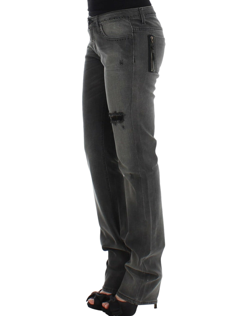 Costume National gray straight-leg denim jeans with distressed details and a side zipper pocket
