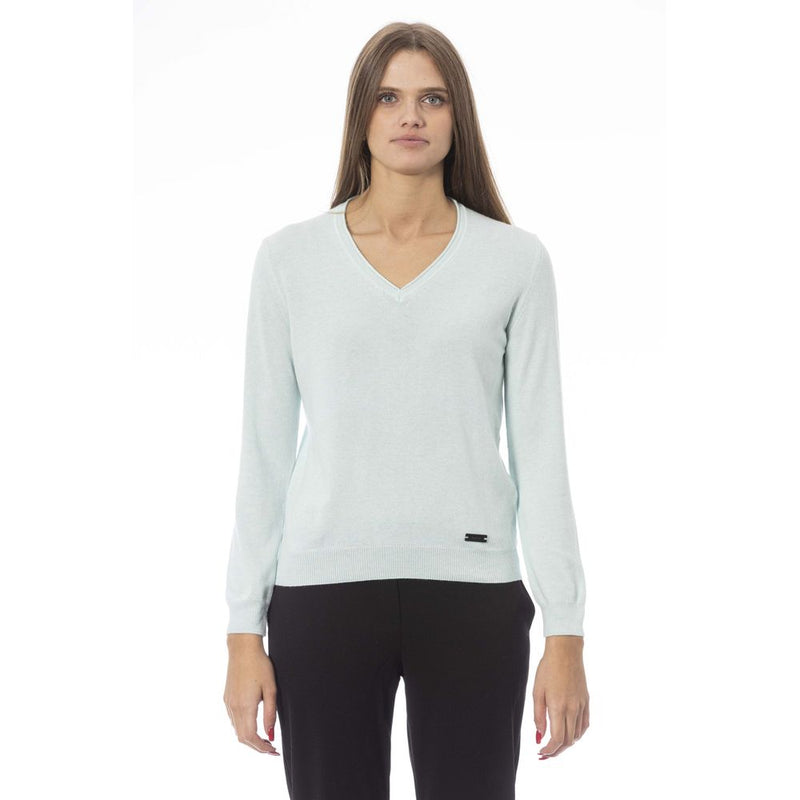 Light blue V-neck cashmere women sweater with long sleeves