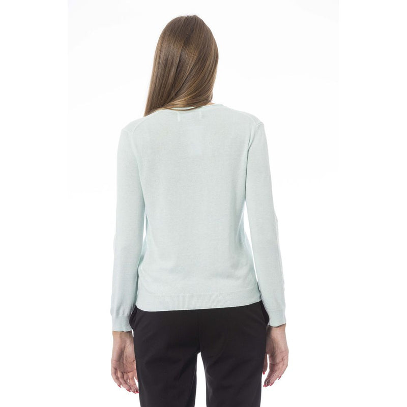 Light blue cashmere long-sleeve women sweater seen from the back