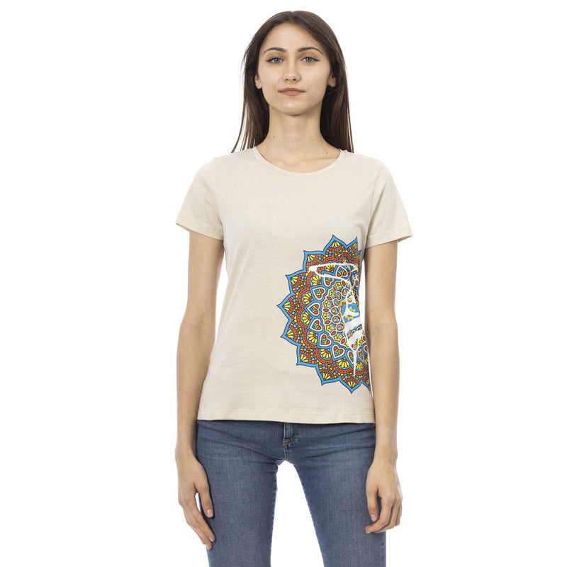 Beige cotton women t-shirt with colorful mandala graphic print