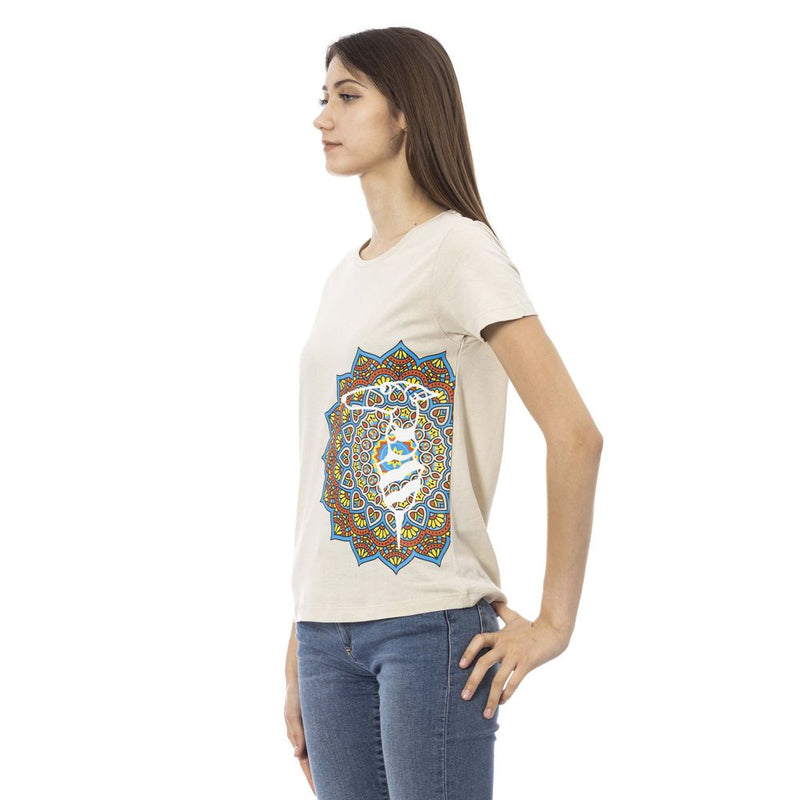 Beige cotton women's t-shirt with short sleeves and a colorful mandala graphic print on the front