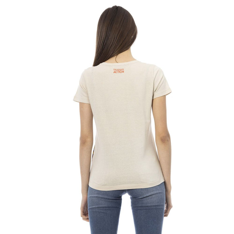 Beige cotton women short sleeve t-shirt with back logo print worn with blue jeans