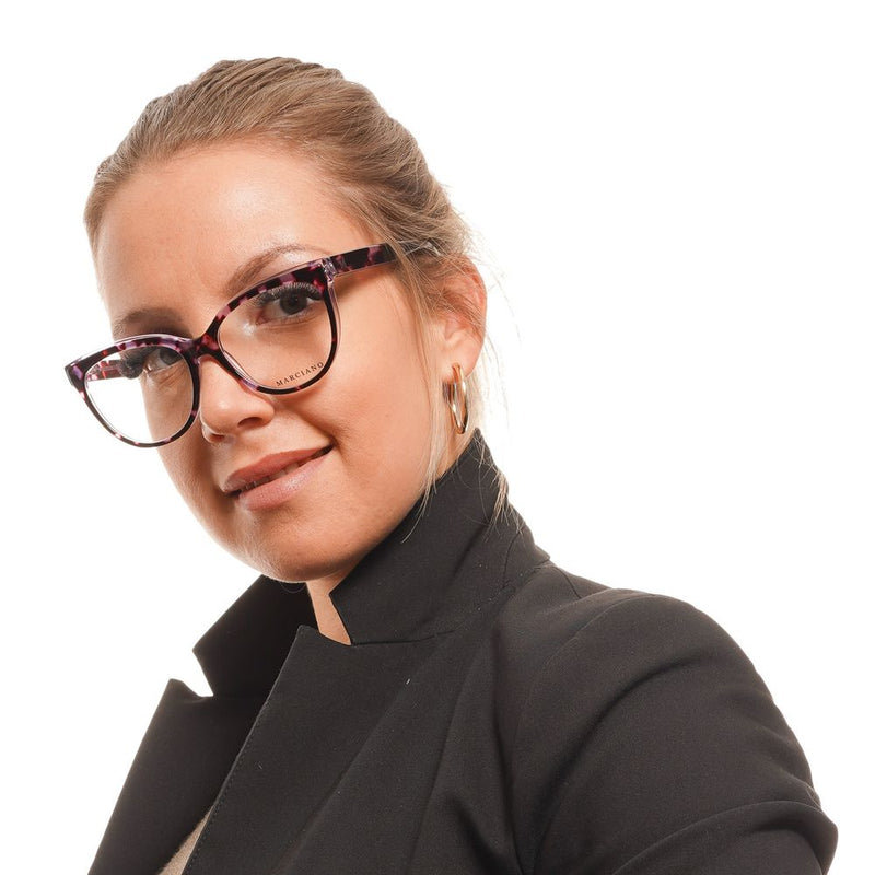 Marciano by Guess purple acetate cat-eye glasses frames worn by a woman