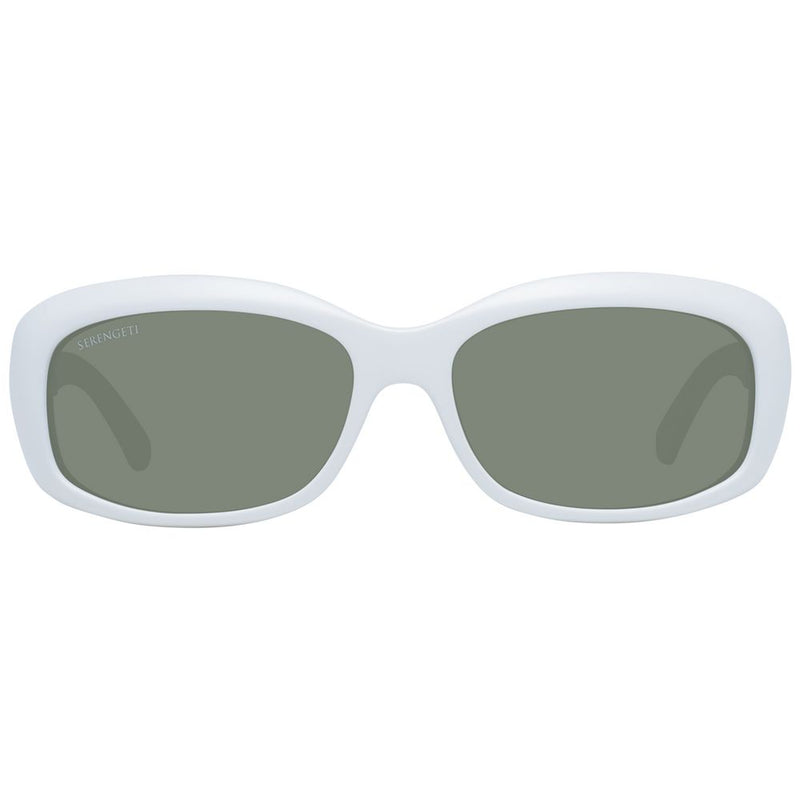 White nylon sunglasses with dark green tinted lenses in an oval frame style