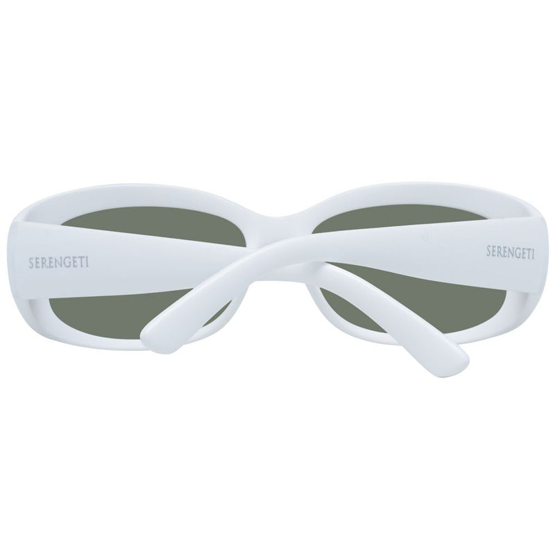 White nylon sunglasses with oval frames and dark lenses, folded with temples crossed