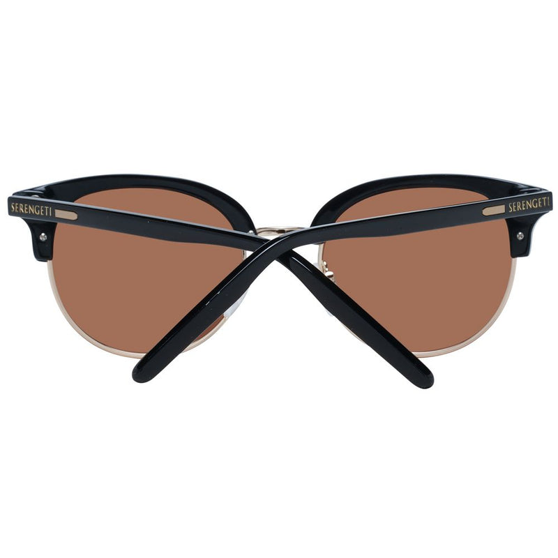 Black acetate and gold metal sunglasses with brown lenses folded with temples crossed forward