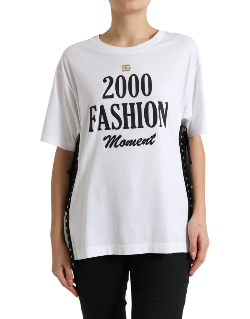 White cotton t-shirt with black slogan print and side lacing details