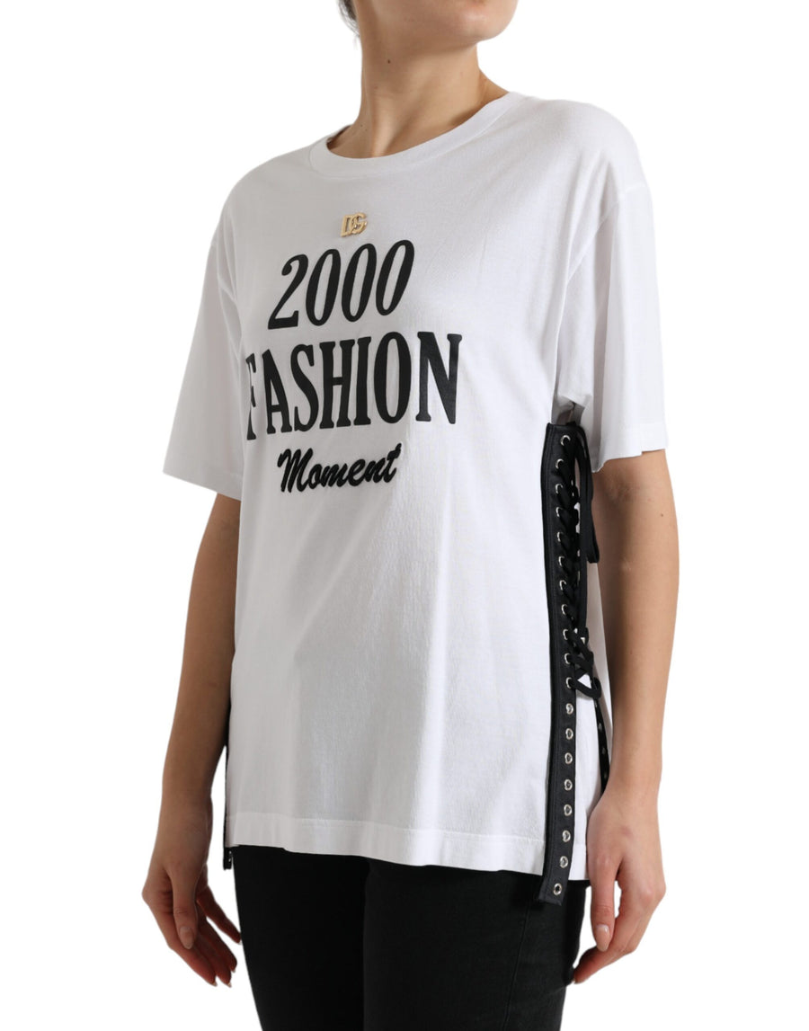 White cotton t-shirt with black slogan print and side lacing details