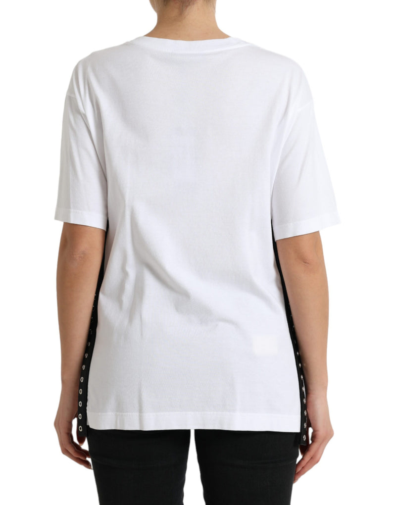 White cotton t-shirt with short sleeves and black side lacing details viewed from the back