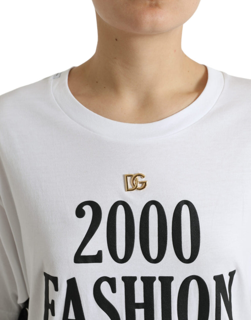White cotton t-shirt with black 2000 fashion slogan and gold DG logo