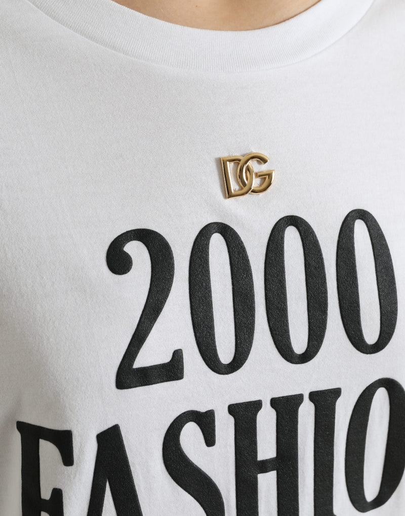 White cotton t-shirt with black slogan print and gold DG logo