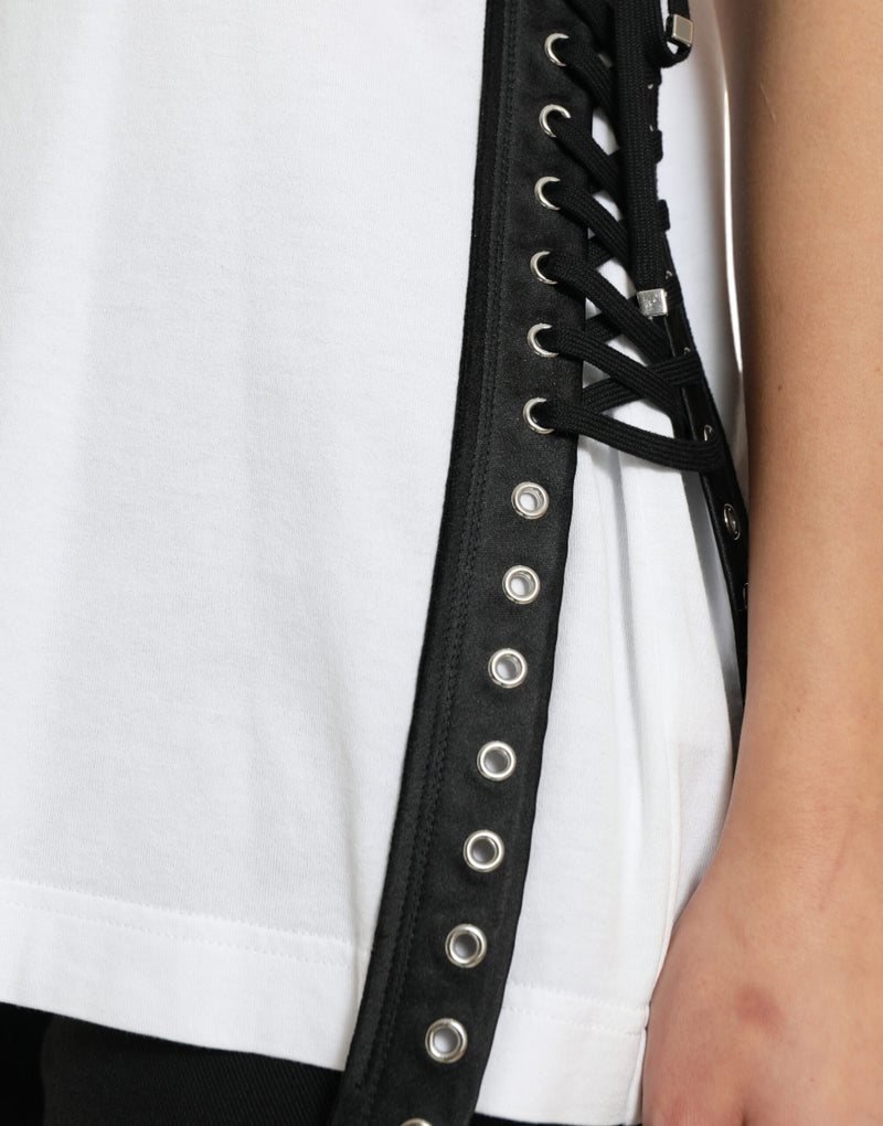 White cotton t-shirt featuring black lacing and silver eyelets along the side seam