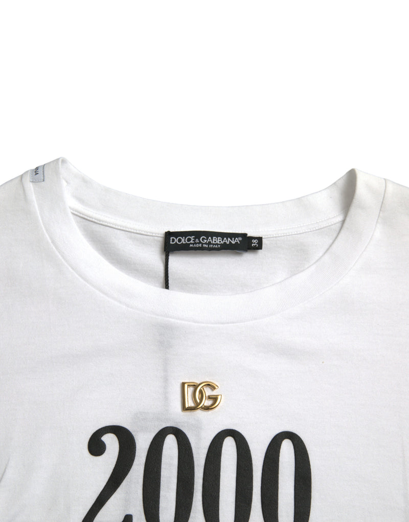 White cotton t-shirt featuring a black "2000" slogan print and a gold DG logo