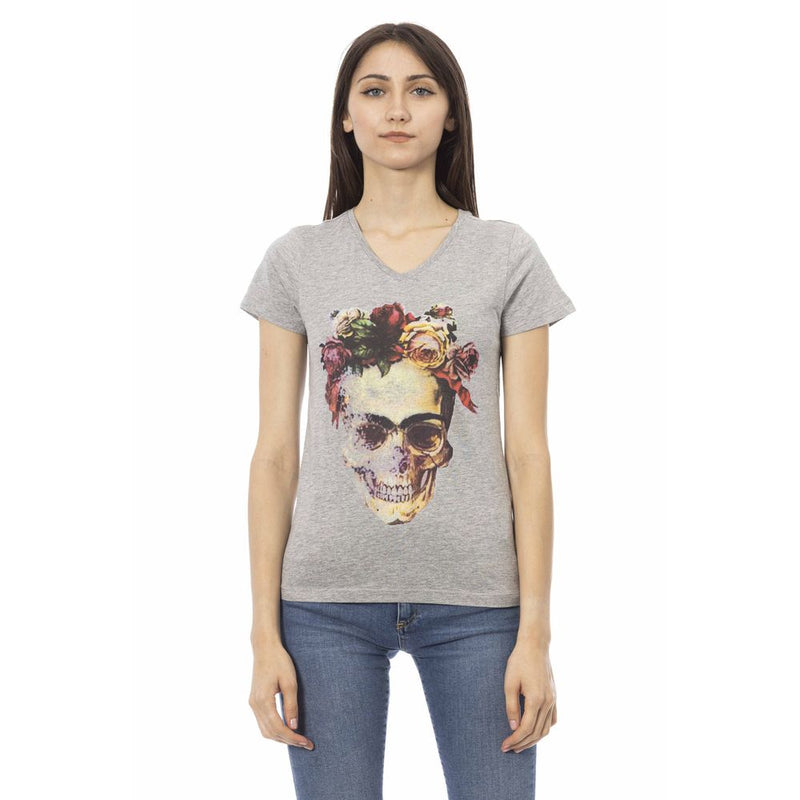 Gray cotton women's v-neck t-shirt featuring a colorful skull and floral graphic print