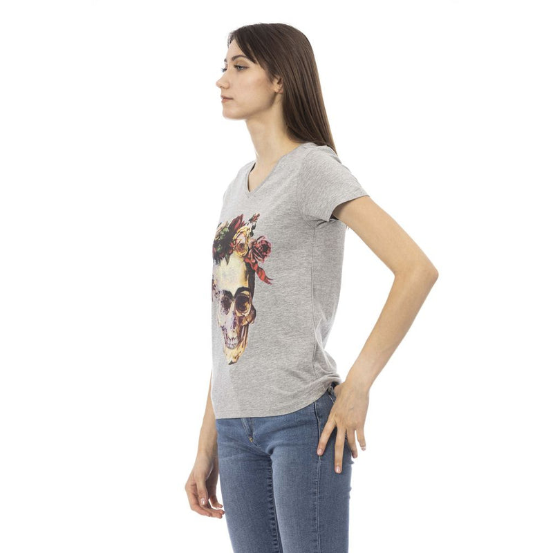 Gray cotton V-neck women t-shirt with a floral skull graphic print worn with blue jeans