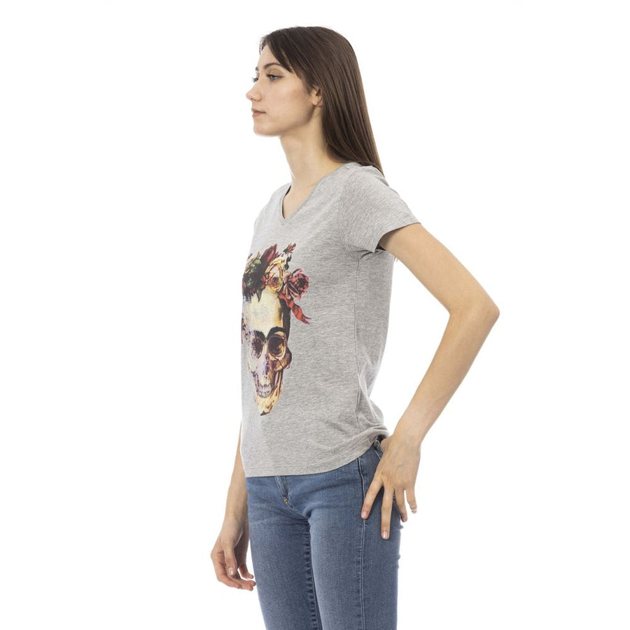 Gray cotton women's v-neck t-shirt featuring a colorful skull and floral graphic print