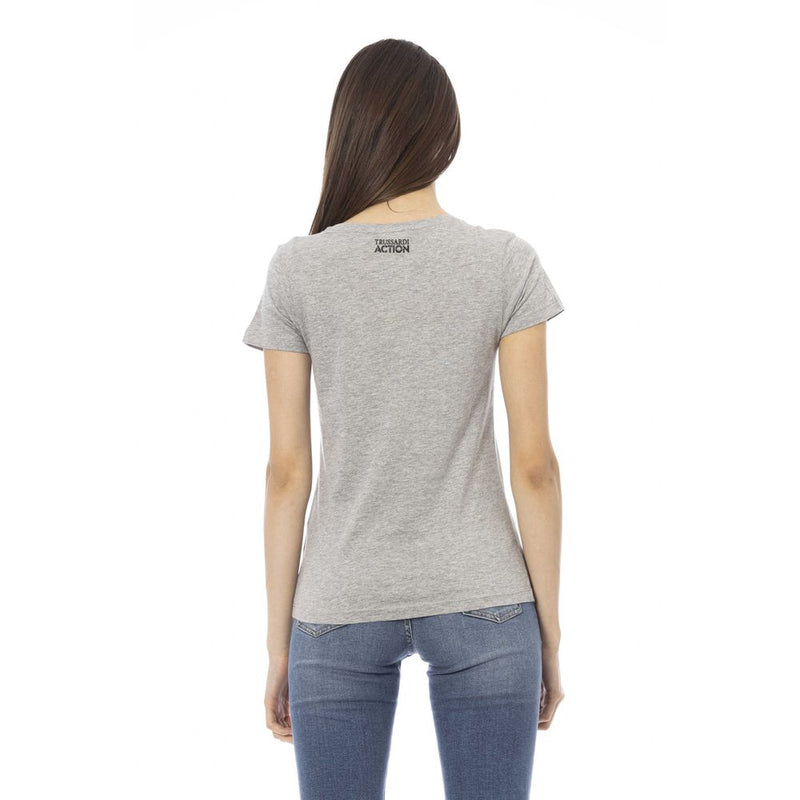 Gray cotton short-sleeve women's t-shirt worn from behind with a small Trussardi Action logo on the upper back