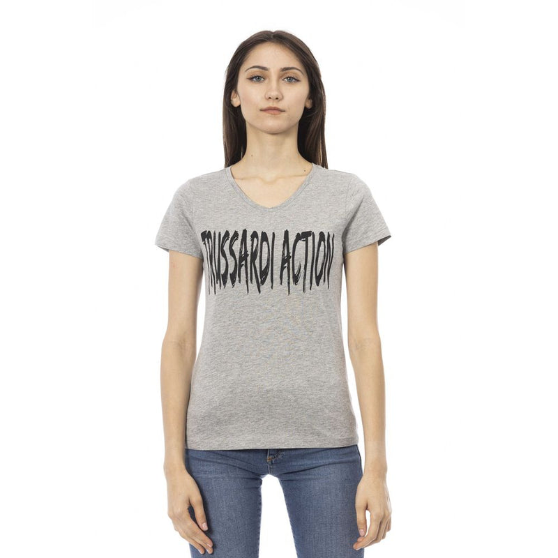 Gray cotton v-neck women's t-shirt with black Trussardi Action logo