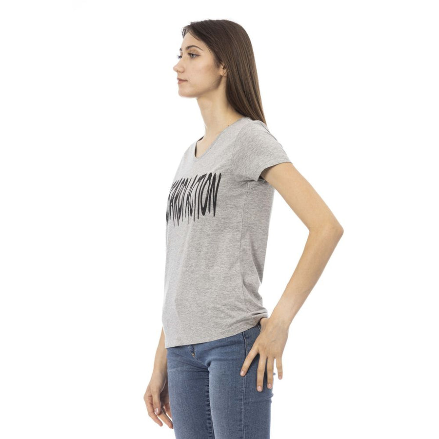 Gray cotton v-neck women's t-shirt with black Trussardi Action logo
