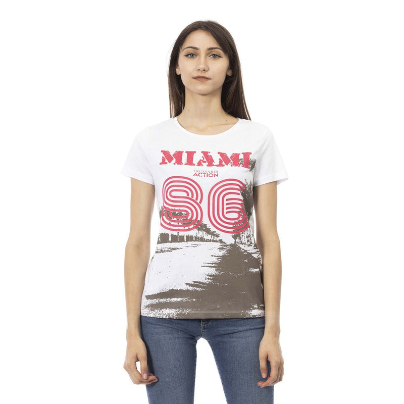White cotton women t-shirt with short sleeves and front graphic print