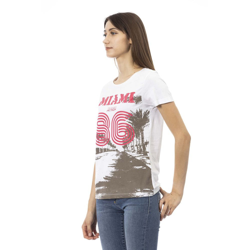 White cotton women's t-shirt with short sleeves and a graphic print reading Miami 86