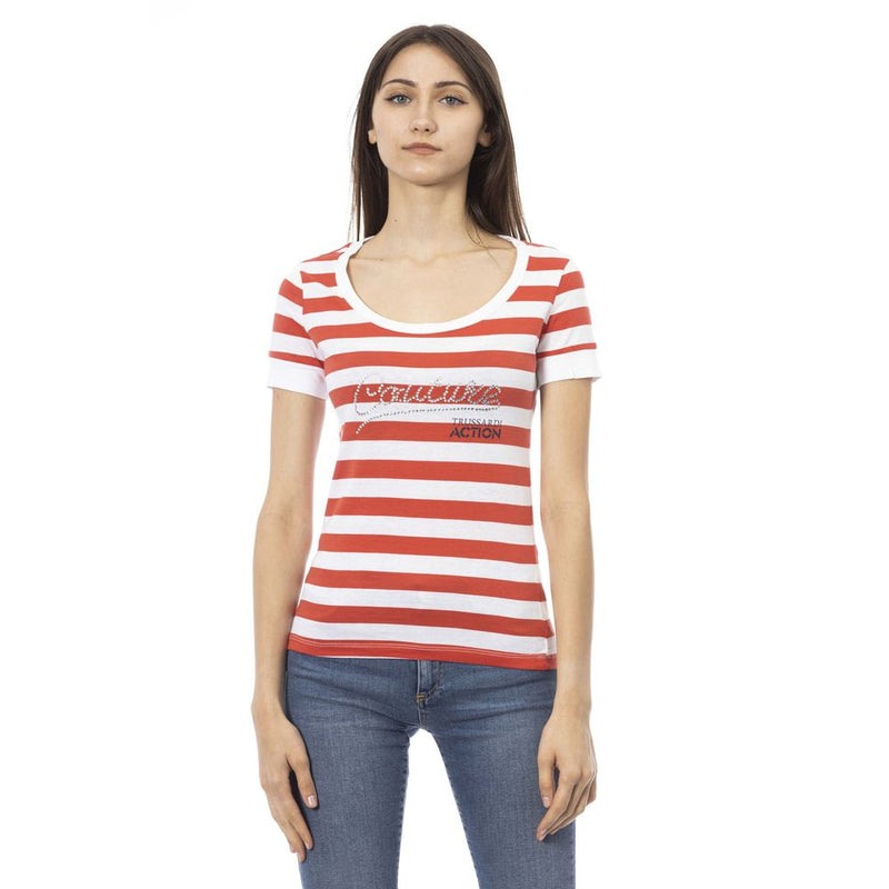 Red and white striped cotton women t-shirt with scoop neck and short sleeves