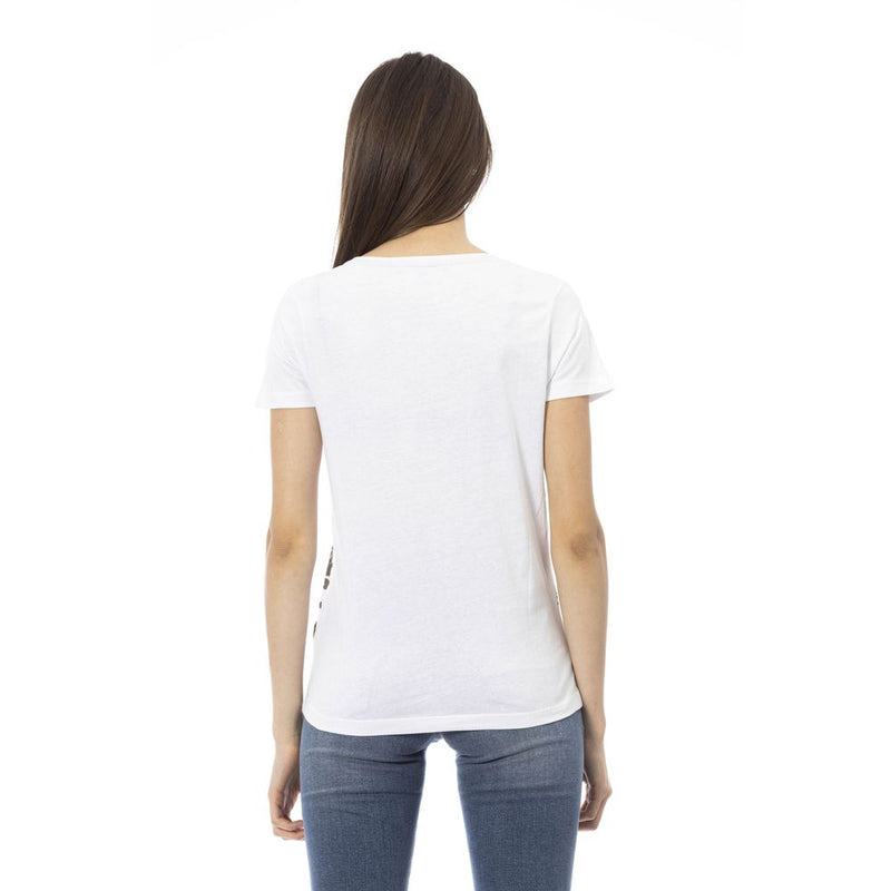 White cotton women's t-shirt worn from behind with blue jeans