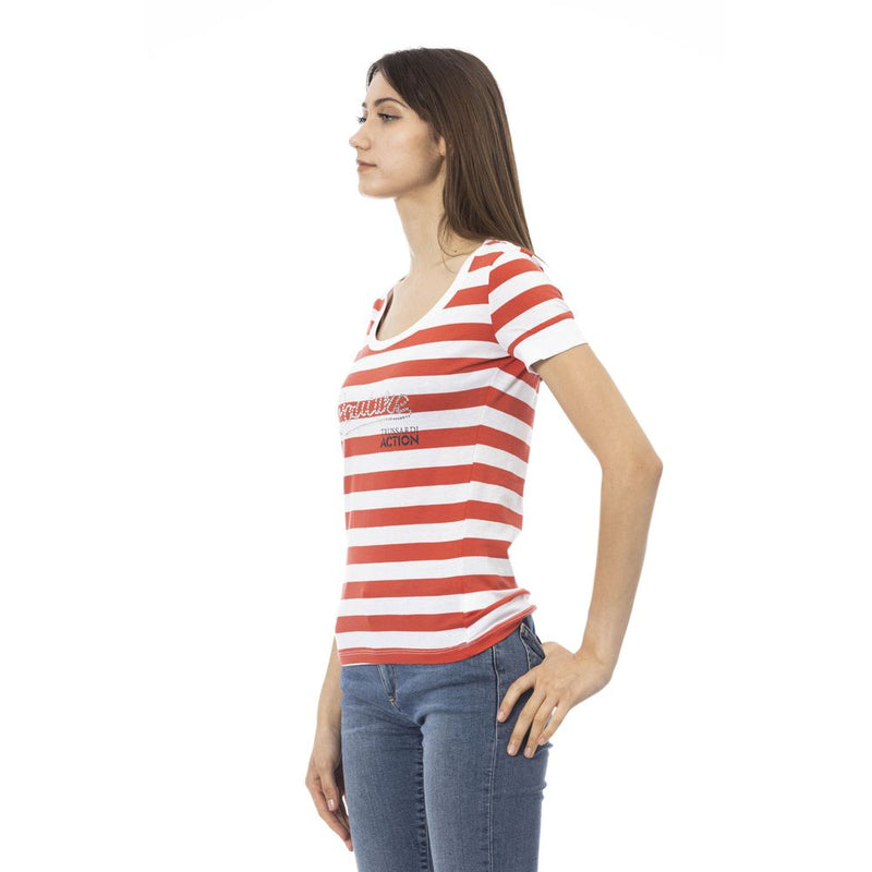 Red and white striped cotton t-shirt for women with short sleeves and scoop neck
