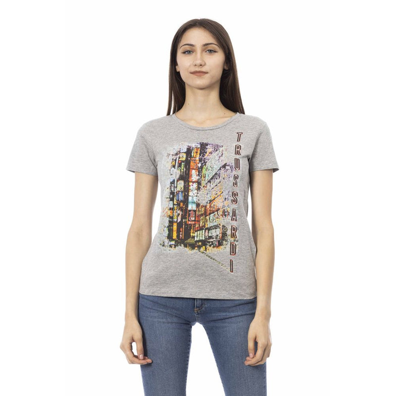 Gray cotton women's t-shirt with short sleeves and a graphic cityscape print featuring Trussardi branding