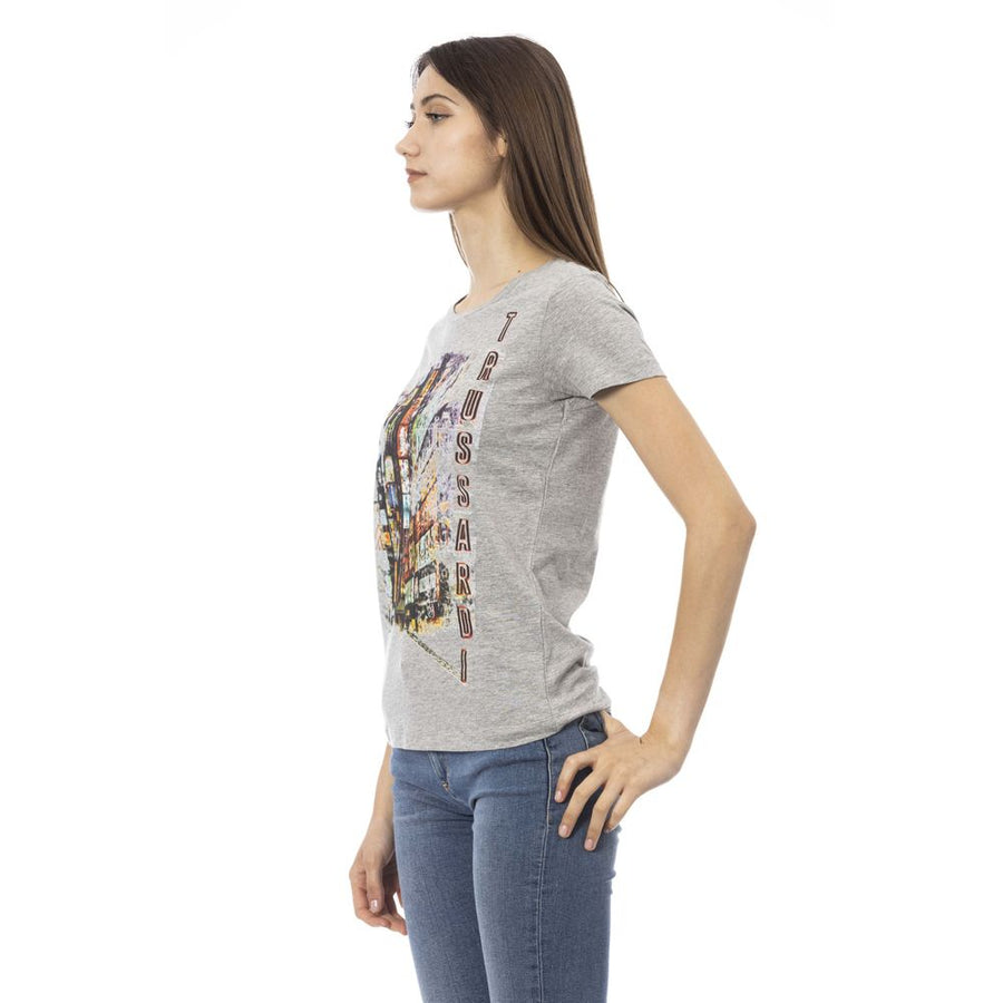 Gray cotton women's t-shirt with short sleeves and a graphic cityscape print featuring Trussardi branding