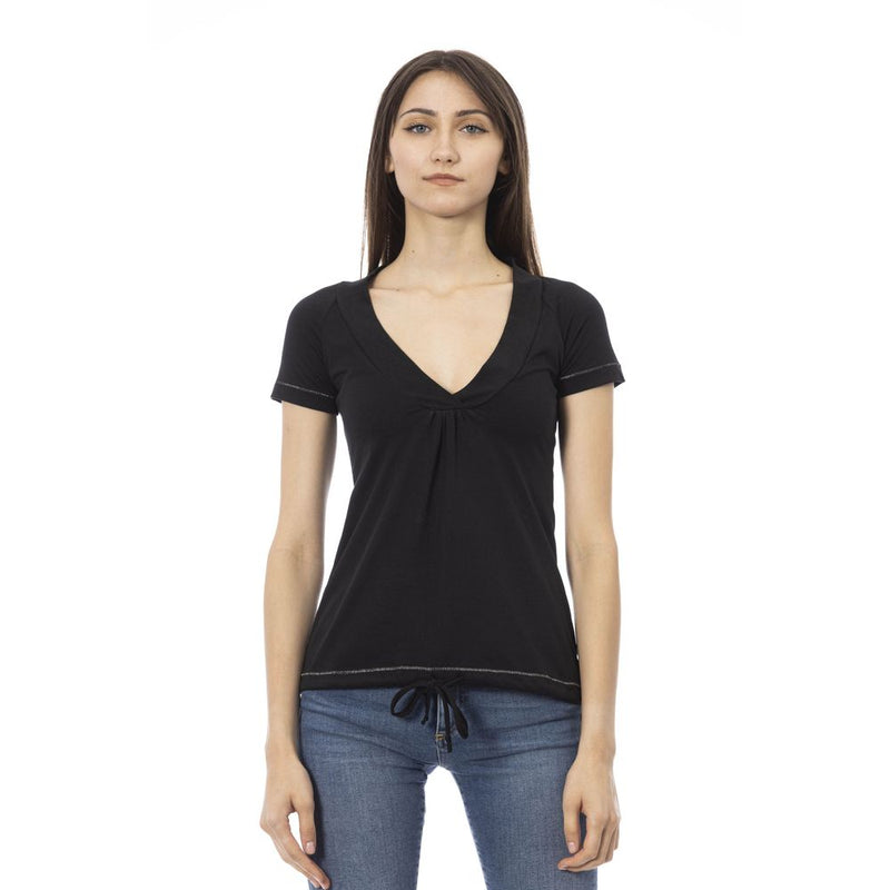 Black cotton women t-shirt with a v-neck and drawstring hem