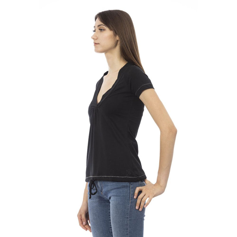 Black cotton women t-shirt with v-neck and short sleeves