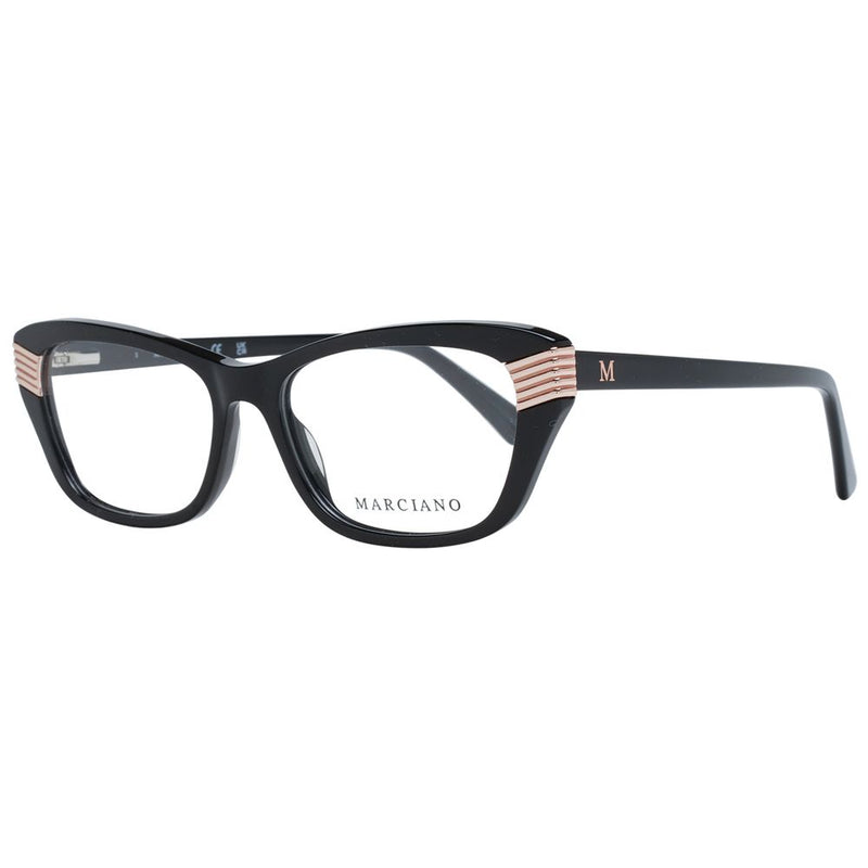 Black plastic cat-eye eyeglass frames with rose gold ribbed accents on the outer corners