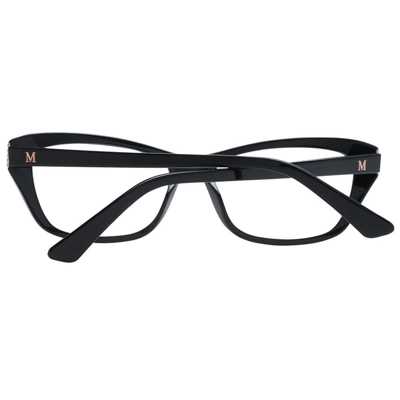 Glossy black plastic cat-eye eyeglass frames with gold M logo on temples