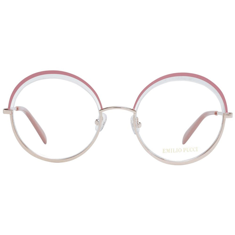 Pink and gold metal round eyeglass frames with the Emilio Pucci logo