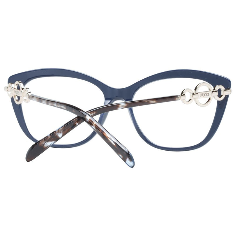 Blue cat-eye plastic eyeglass frames with tortoiseshell temples and gold metallic circle hinges