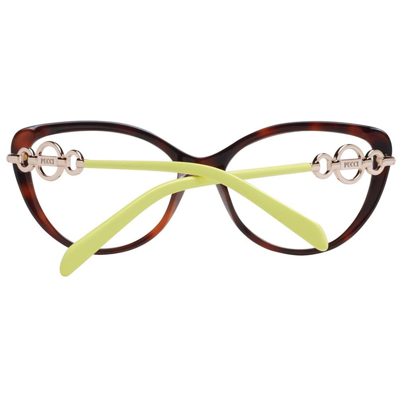 Brown plastic cat-eye glasses frames with gold-tone metal hinges and lime green temples